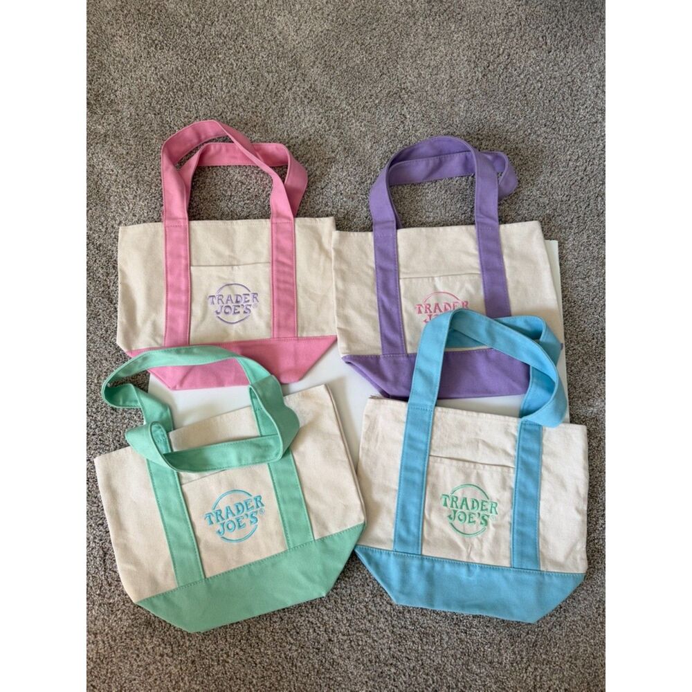 Trader Joe’s Mini Pastel Canvas Tote Set of 4 Pink Blue Mint Lavender